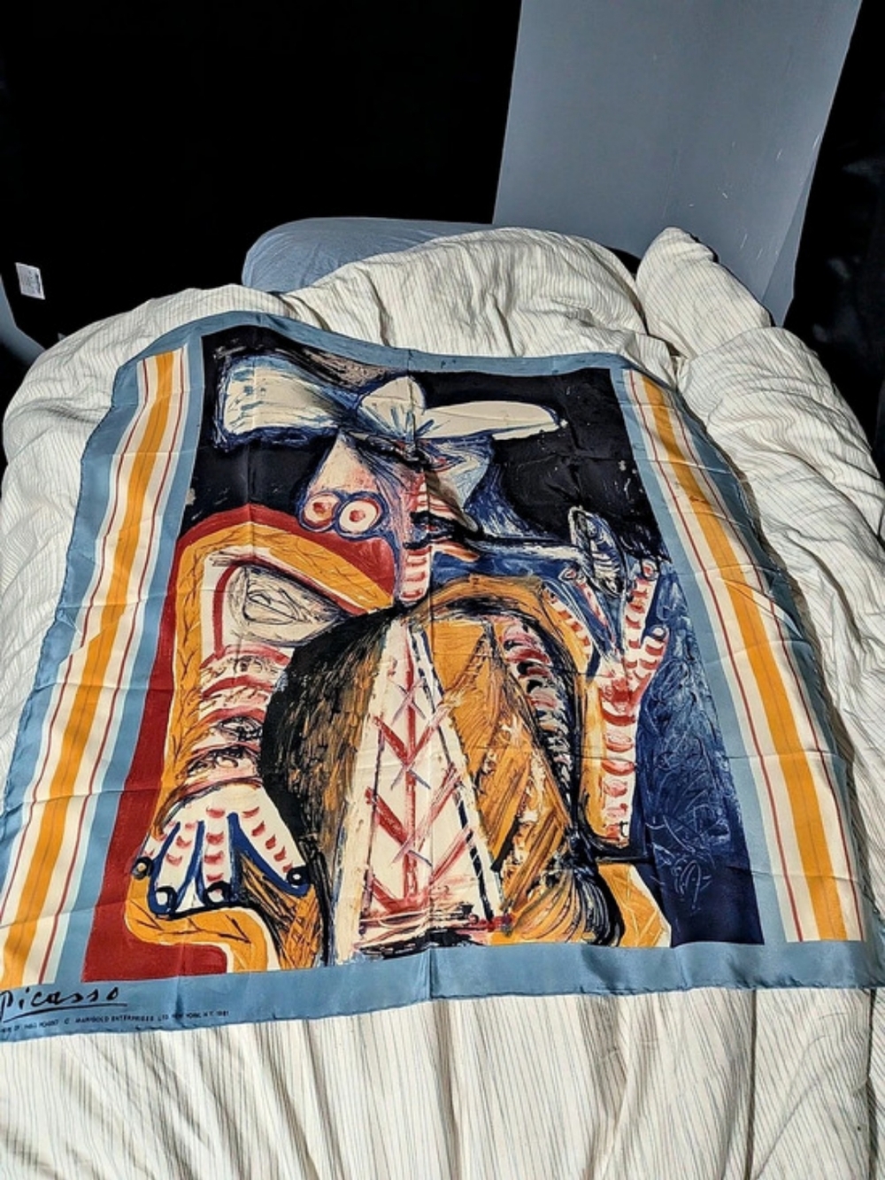 Picasso Abstract Art Scarf in Blue & Yellow Like New